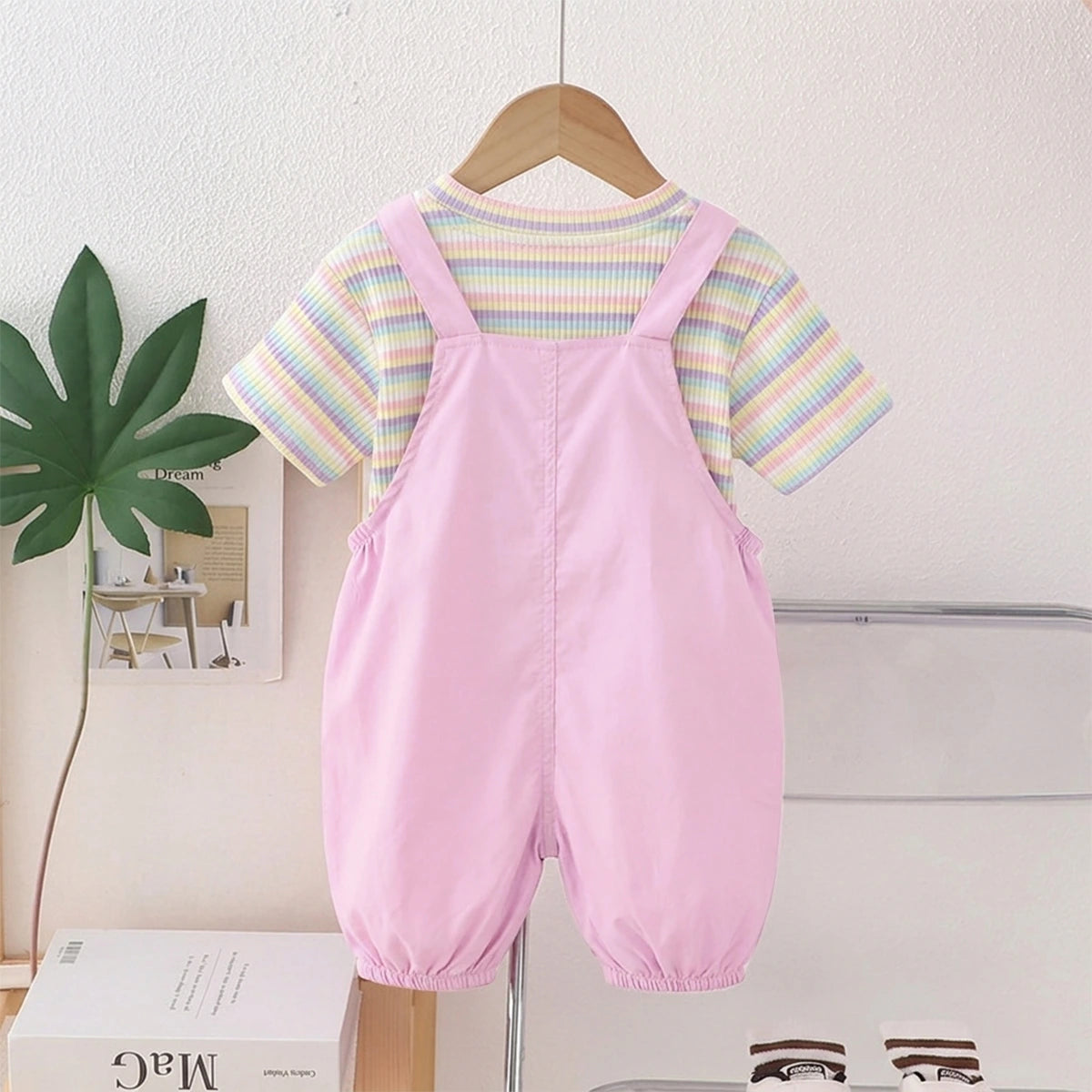 Boys Short Sleeve T-Shirt With Pink Bunny Applique Dungaree Sets 2 pc. Sets