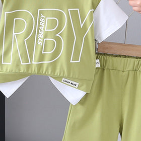 Boys Green Colorblocked Typographic Printed T-Shirt With Shorts Set 2 pc. Sets