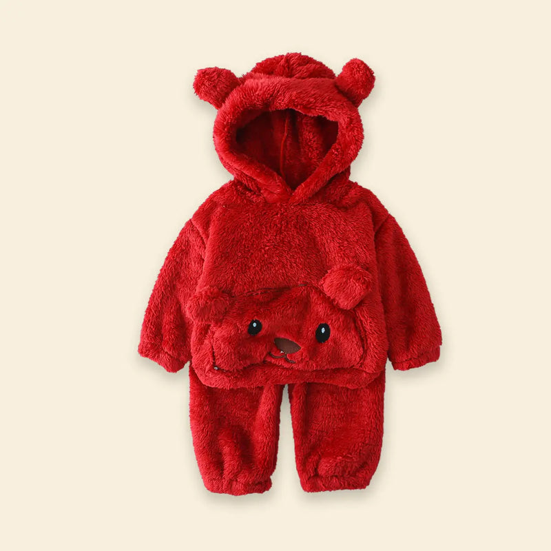 Boys Red Fleece Bear Themed Hoodie With Jogger Sets Sets
