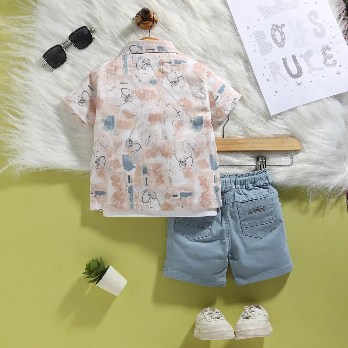 Boys Brown Abstract Printed Shirt With Shorts & T-Shirt Sets Sets