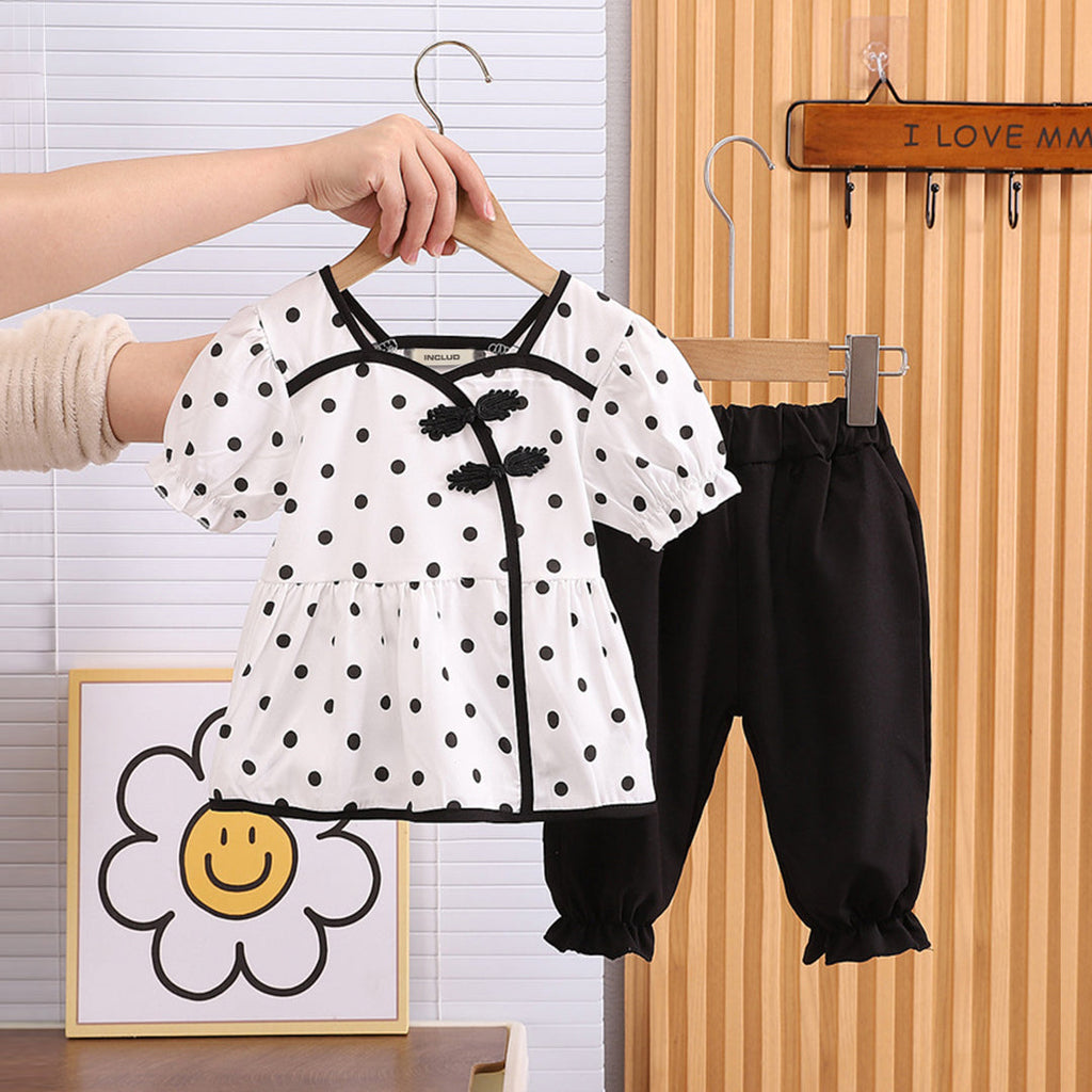 Girls Black Polka Dot Printed Top With Pants 2 pc. Sets Black 1-2 Y 