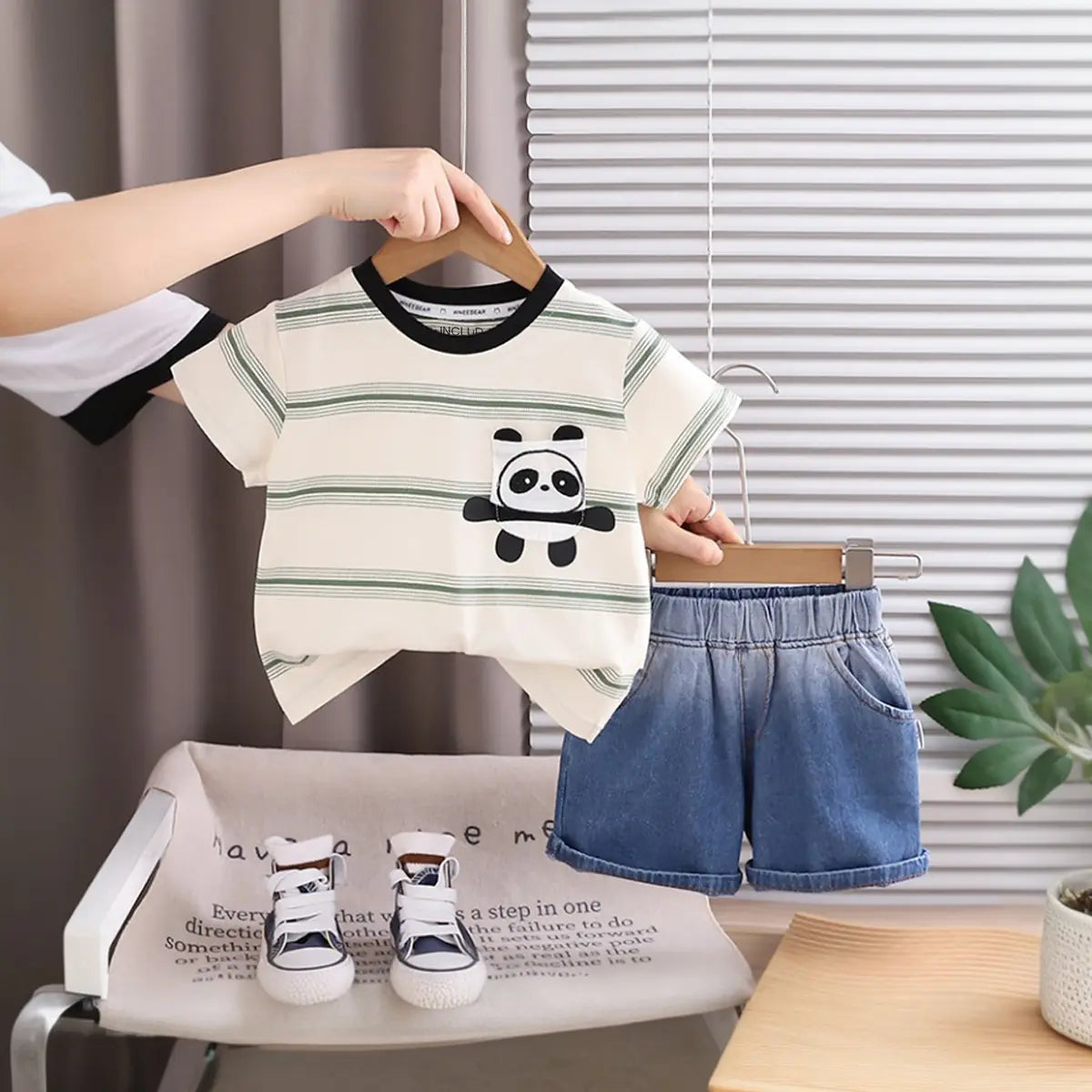Boys Beige Panda Printed Striped Short Sleeve T-Shirt With Denim Shorts Sets 2 pc. Sets Beige 1-2 Y