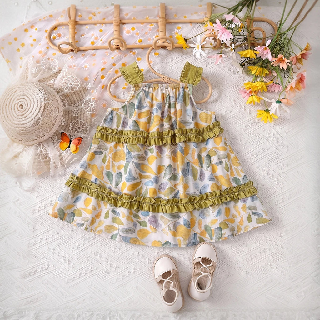 Girls Multicolour Botanical Print Sleeveless Tiered Dress Casual Dresses