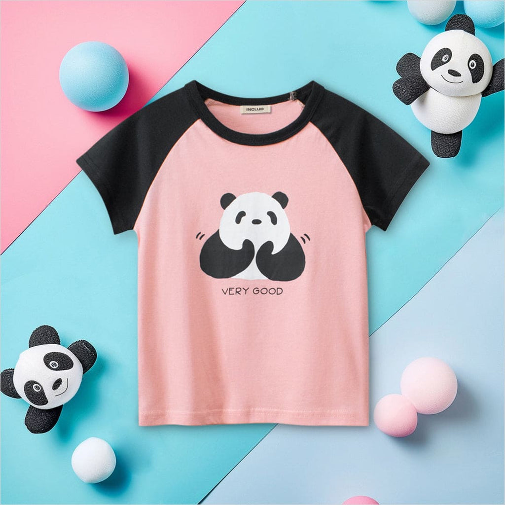 Girls Panda Print Raglan Sleeve T-Shirt