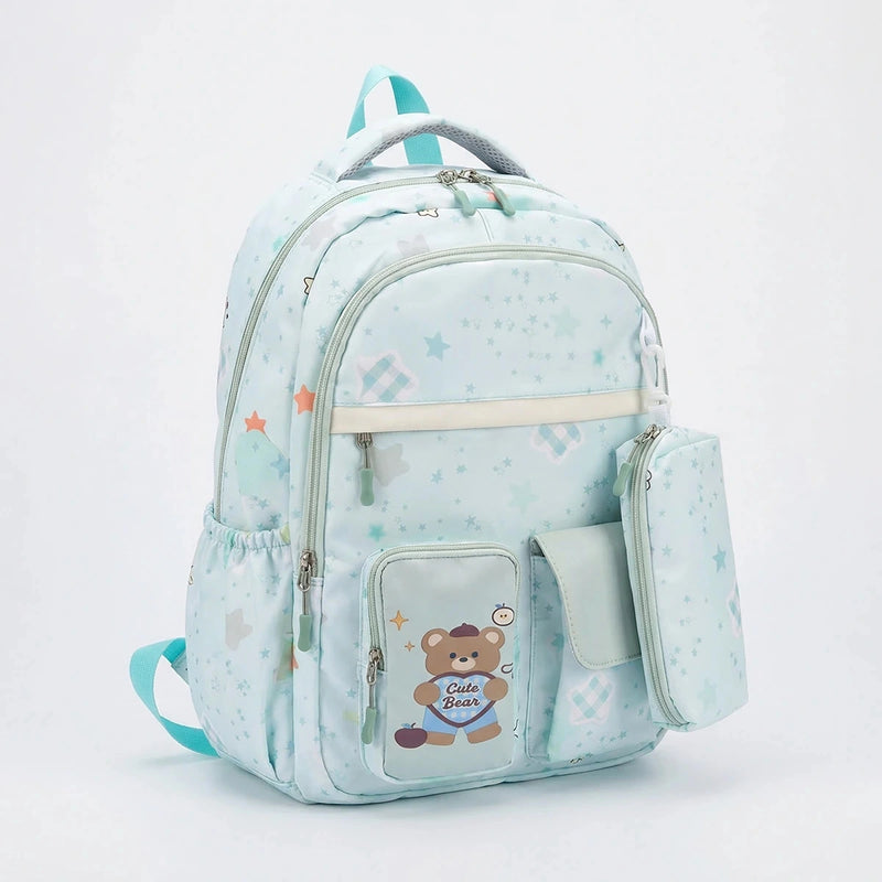 Kids Sea Green Bear Print Multi-Pocket School Backpack Trending Accessories Sea Green Onesize