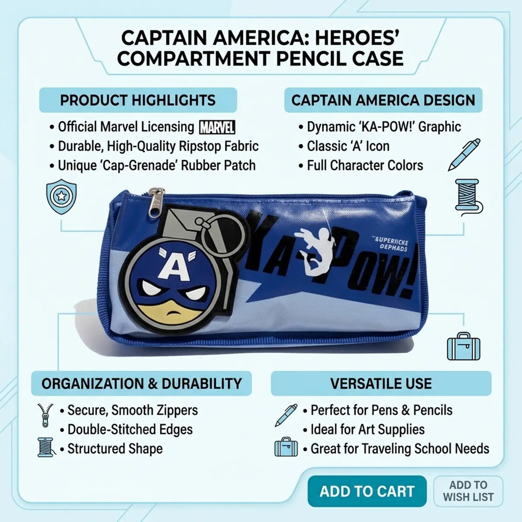 Captain America Pencil Pouch with Zipper -Kids School Stationery Pencil Box Trending Accessories