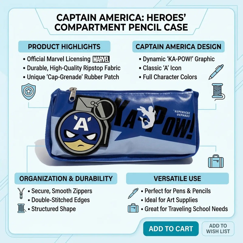 Captain America Pencil Pouch with Zipper -Kids School Stationery Pencil Box Trending Accessories