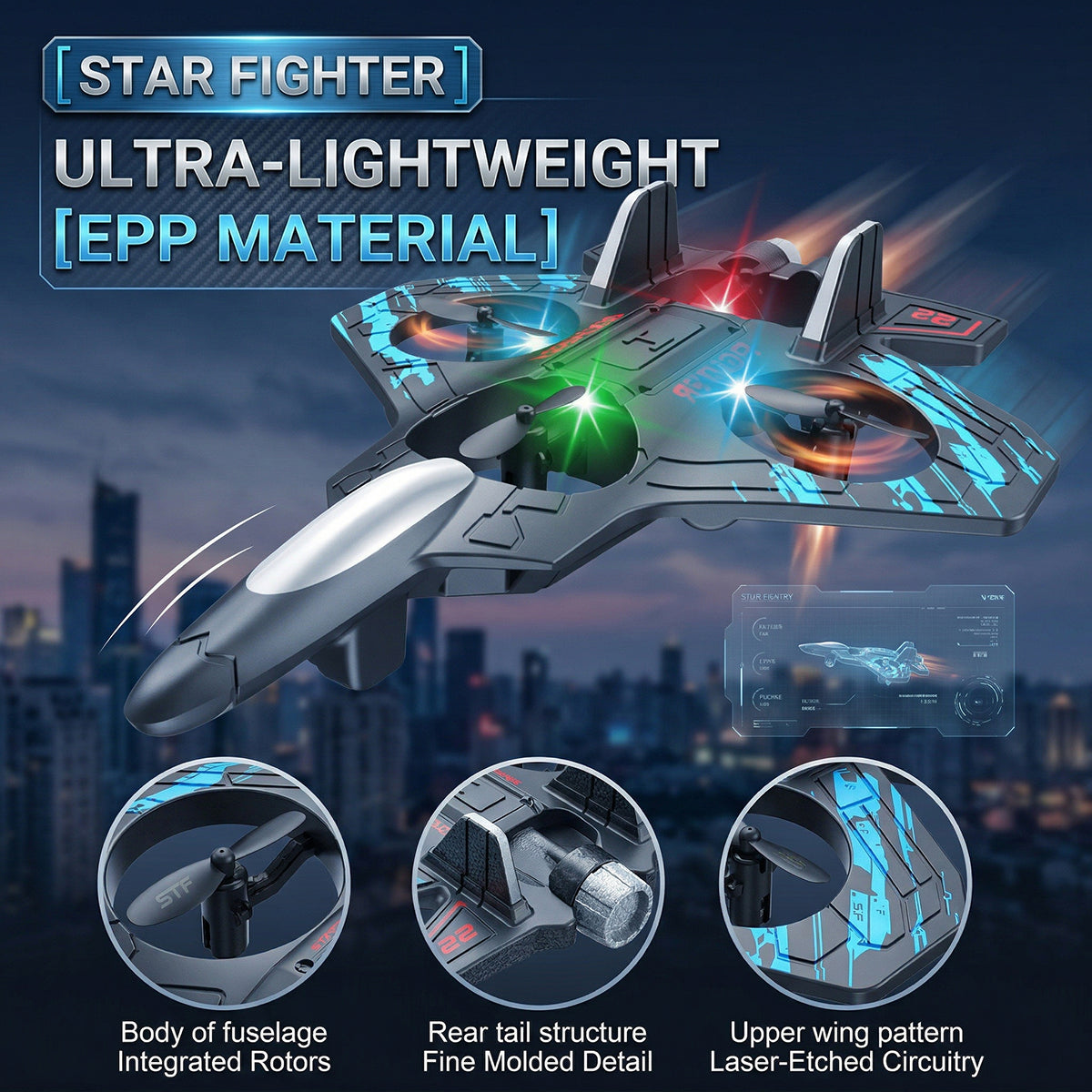Remote Control Star Fighter Plane with Bright LED Lights Wireless Controller Stable Flying RC Toy for Kids Trending Accessories