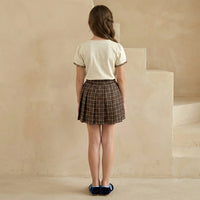 Girls Beige Short Sleeves Polo Top With Checked Pleated Skirts Set Sets
