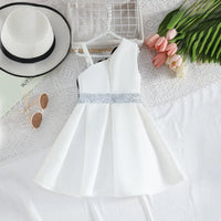 Girls White One Shoulder Fit & Flare Party Wear Dress With 3D Flowers Appliques Party Dresses