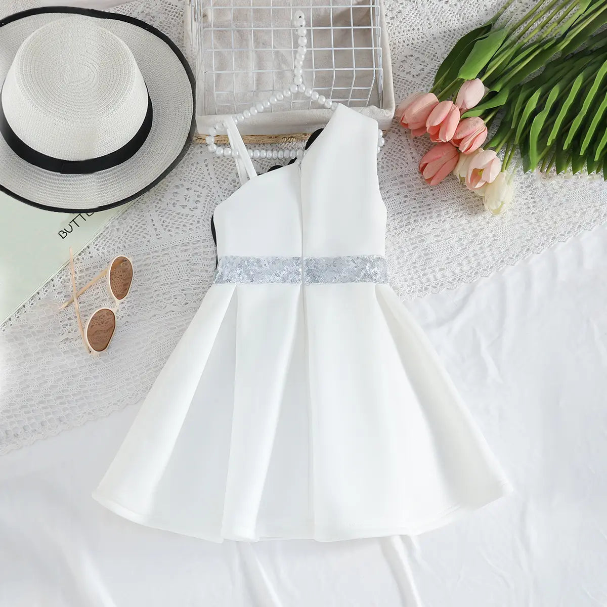 Girls White One Shoulder Fit & Flare Party Wear Dress With 3D Flowers Appliques Party Dresses