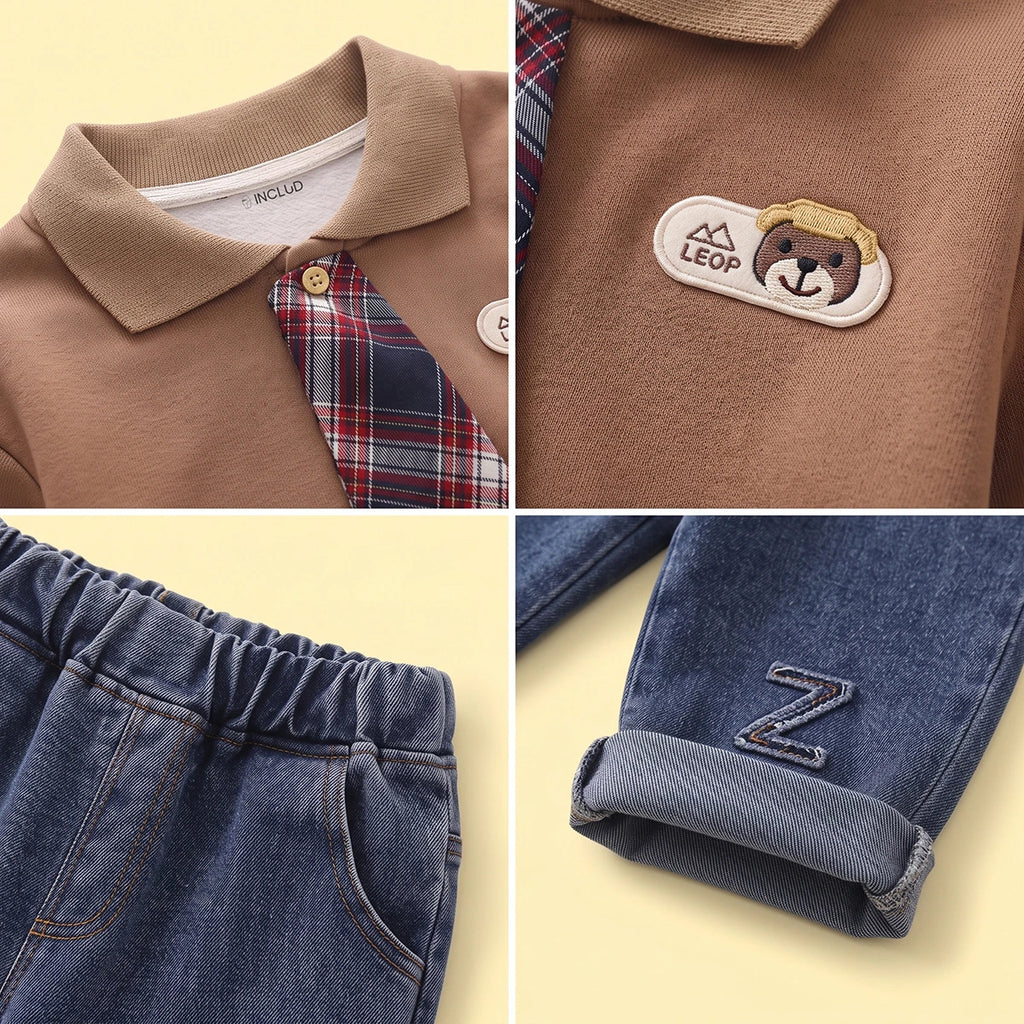 Boys Brown Polo Sweatshirt & Denim Pants Sets Sets