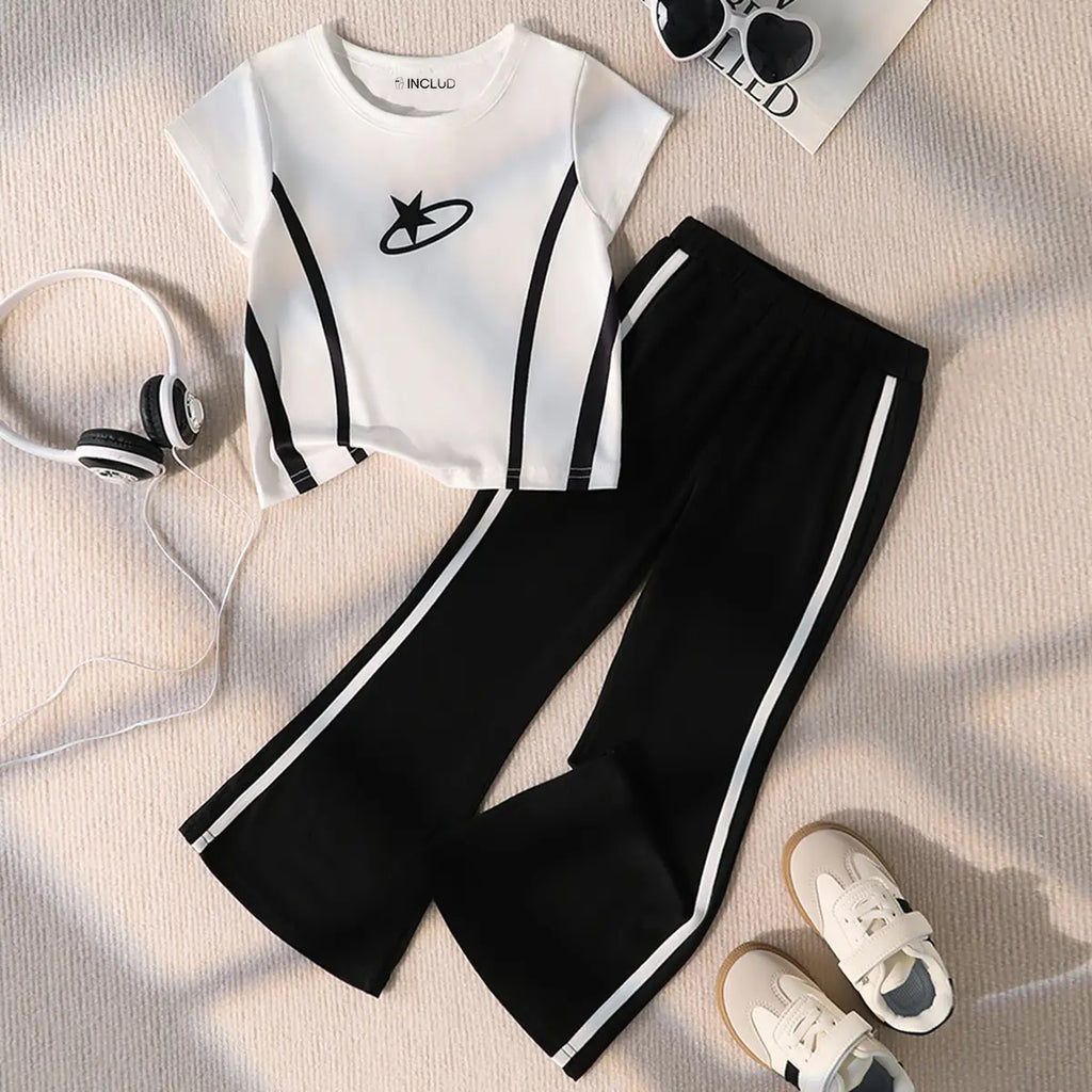 Girls White Contrast Stripes T-Shirt With Flared Pant Sets Sets White 3-4 Y