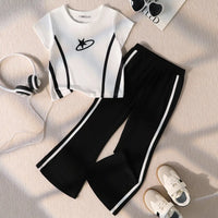 Girls White Contrast Stripes T-Shirt With Flared Pant Sets Sets White 3-4 Y