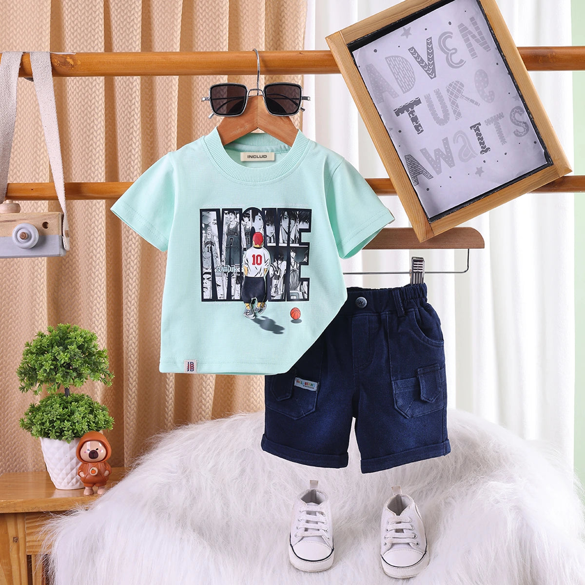 Boys Light Green Alphanumeric Printed T-Shirt With Shorts Sets 2 pc. Sets Sky Blue 3-6 M