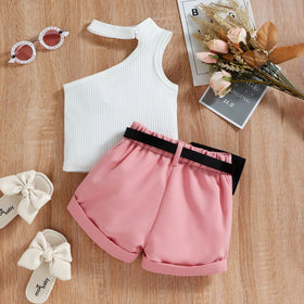 Girls White Ribbed One-Shoulder Top With Elasticated Shorts Sets 2 pc. Sets