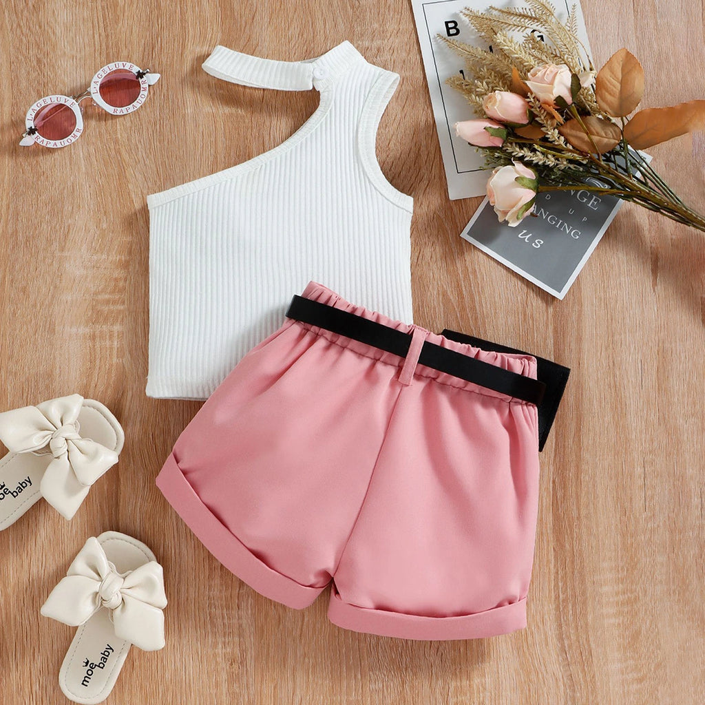 Girls White Ribbed One-Shoulder Top With Elasticated Shorts Sets 2 pc. Sets