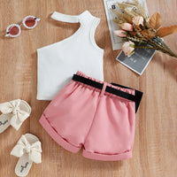 Girls White Ribbed One-Shoulder Top With Elasticated Shorts Sets 2 pc. Sets
