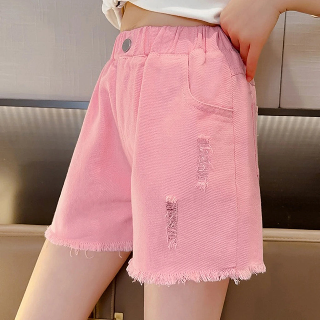 Girls Pink Distressed Relaxed Fit Denim Shorts Shorts