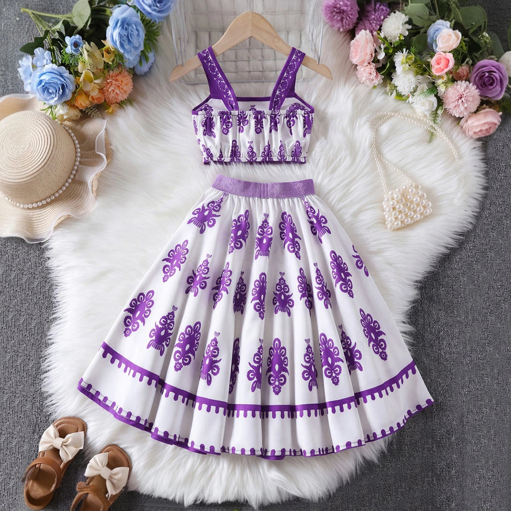 Girls Purple Ethnic Print Sleeveless Top With Skirt Sets 2 pc. Sets