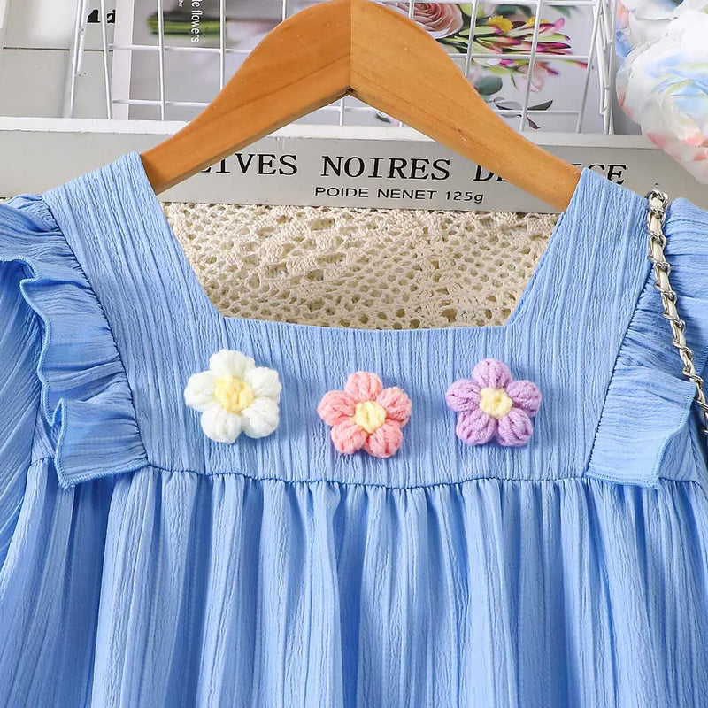 Girls Light Blue Textured Ruffled Long Sleeve Dress with Floral Appliques Casual Dresses