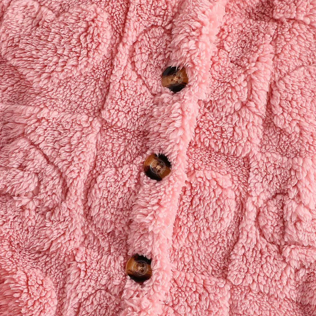Girls Pink Self-Design Heart Patterns Hooded Fleece Jacket Coats & Jackets