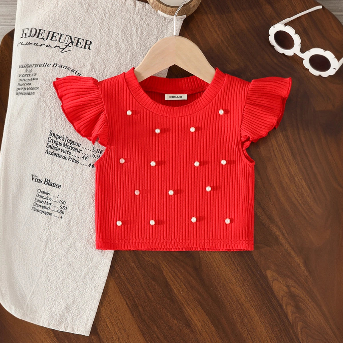 Girls Red Pearl Embellished Top With Denim Shorts Set Sets