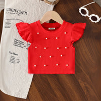 Girls Red Pearl Embellished Top With Denim Shorts Set Sets