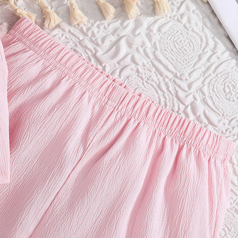 Girls Pink Textured One Shoulder Top With Flared Hem Pants Set 2 pc. Sets
