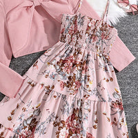 Girls Pink Floral Print Sleeveless Tiered Dress With Shrug Casual Dresses