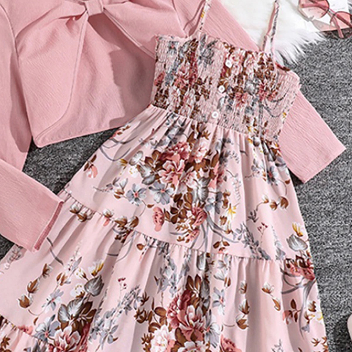 Girls Pink Floral Print Sleeveless Tiered Dress With Shrug Casual Dresses