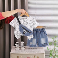 Boys Light Grey Bunny Printed Short Sleeve T-Shirt With Ripped Denim Shorts Sets 2 pc. Sets Light Grey 1-2 Y