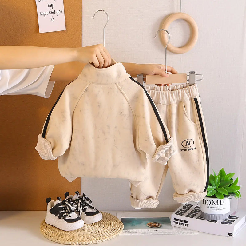 Boys Beige Two Side Stripes Zip-up Jacket With Jogger Co-ord Sets Sets
