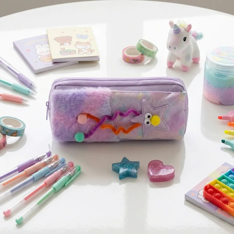 Cute Star Plush Pencil Case for Girls -Soft Fur Zipper Pencil Pouch for School Trending Accessories