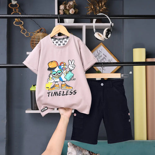 Boys Light Pink Graphic Short Sleeve T-Shirt With Elasticated Cargo Shorts Sets Sets Light Pink 1-2 Y