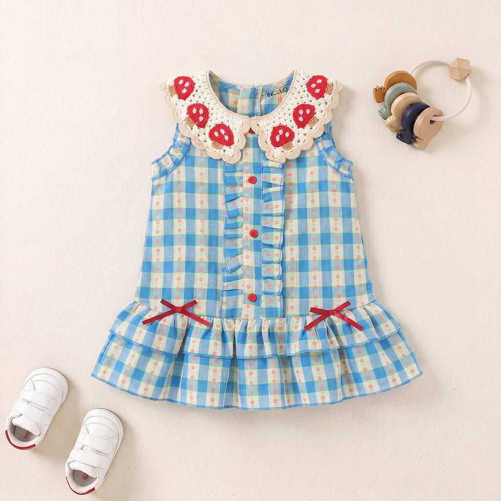 Girls Blue Checked Mushroom Crochet Collar A-Line Dress Casual Dresses Blue 1-2 Y