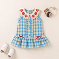 Girls Blue Checked Mushroom Crochet Collar A-Line Dress Casual Dresses Blue 1-2 Y