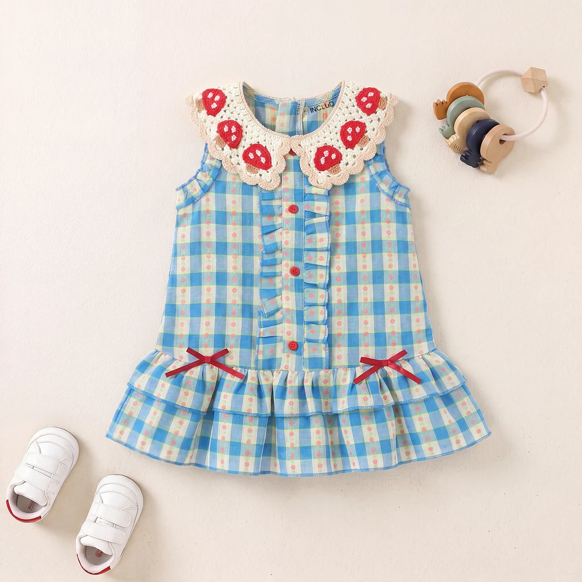 Girls Blue Checked Mushroom Crochet Collar A-Line Dress Casual Dresses Blue 1-2 Y
