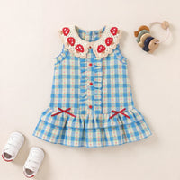 Girls Blue Checked Mushroom Crochet Collar A-Line Dress Casual Dresses Blue 1-2 Y