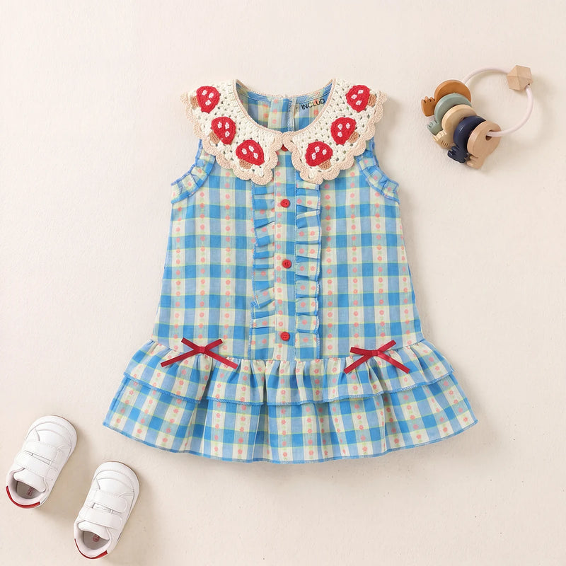 Girls Blue Checked Mushroom Crochet Collar A-Line Dress Casual Dresses Blue 1-2 Y