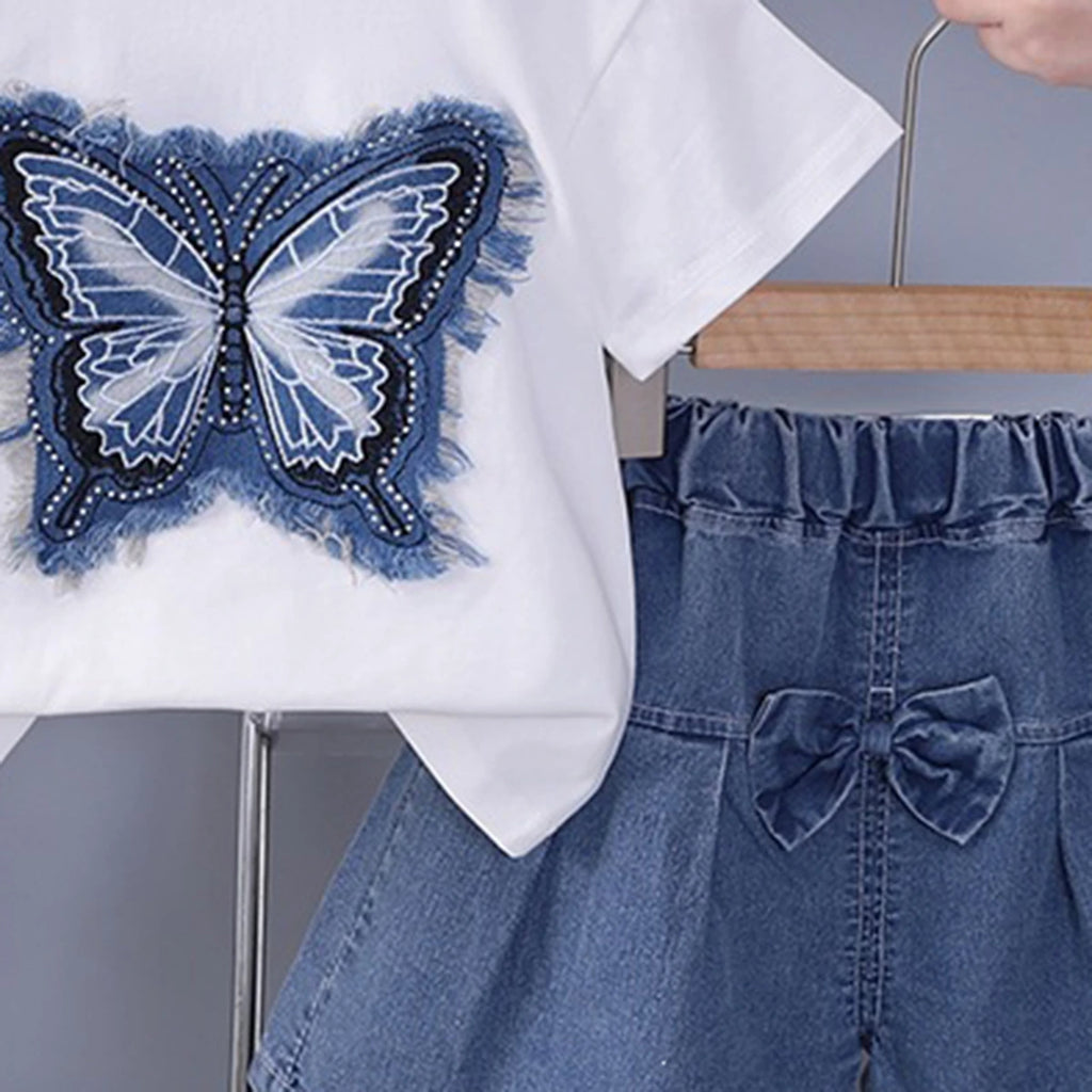 Girls White Butterfly Printed Half Sleeve T-Shirt With Denim Skirt Sets 2 pc. Sets