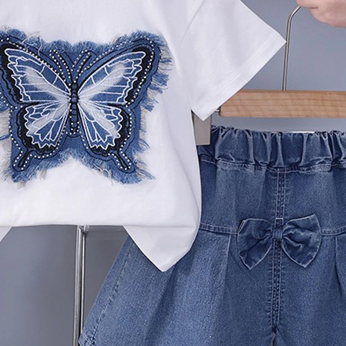 Girls White Butterfly Printed Half Sleeve T-Shirt With Denim Skirt Sets 2 pc. Sets