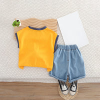 Boys Orange Printed Extended Sleeves T-Shirt With Denim Shorts Set 2 pc. Sets