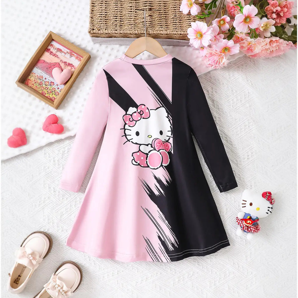 Girls Pink Cat Cartoon Printed Long Sleeves Fit & Flare Dress Casual Dresses