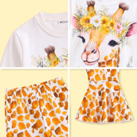 Girls White Giraffe Print T-Shirt With Flared Pants Sets 2 pc. Sets
