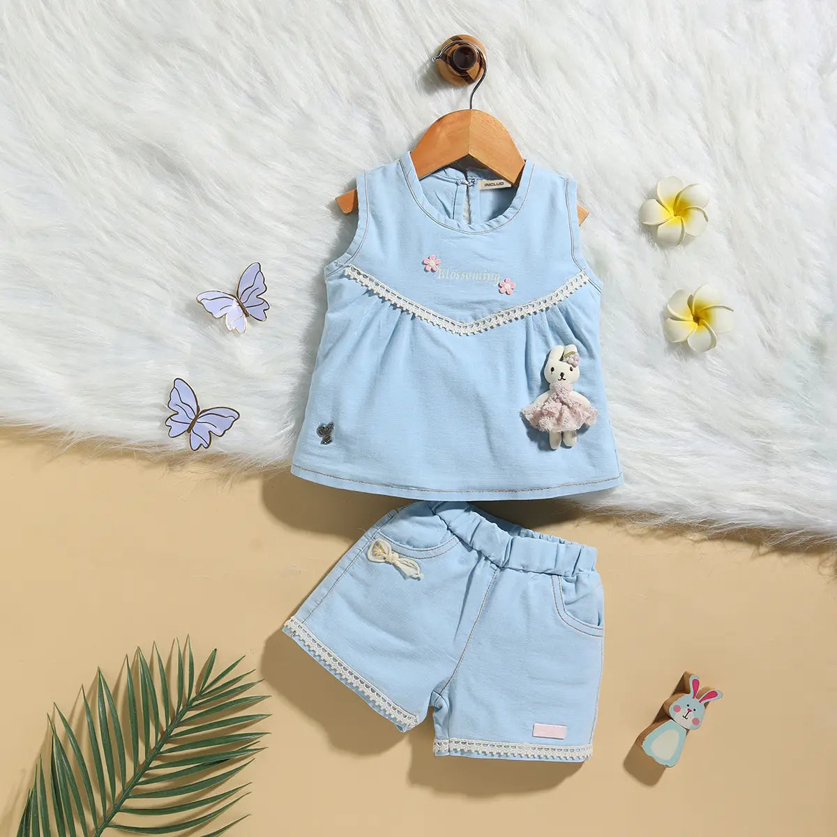 Girls Blue Embroidered Top With Elasticated Shorts Sets 2 pc. Sets Blue 0-3 M