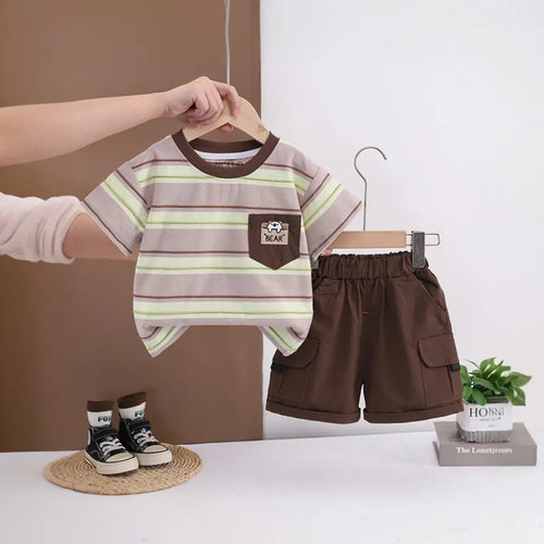 Boys Brown Bear Pocket Striped T-Shirt With Cargo Shorts Sets 2 pc. Sets Brown 1-2 Y