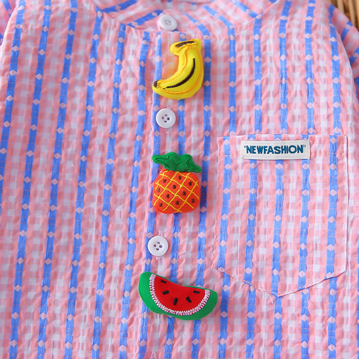 Boys Pink Stripes Fruits Applique Shirt With Denim Pants Set 2 pc. Sets
