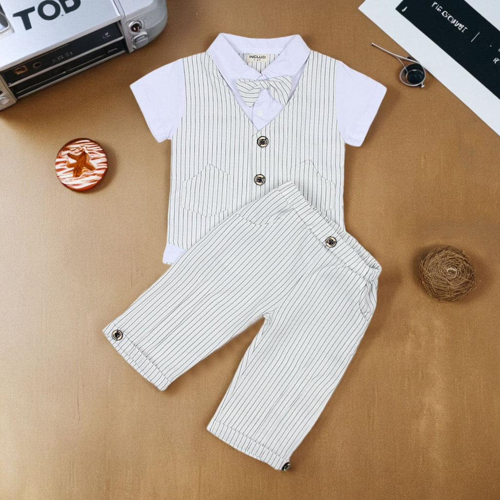 Boys White Bow-Tie Shirt with Striped Trousers & Waistcoat Set 3 pc. Sets White 1-2 Y