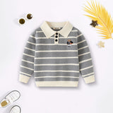 Boys Grey Polo Collar Sweatshirt With Self Design Stripe Patterns
